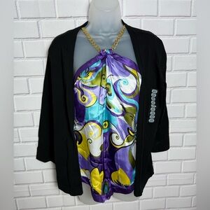 AUGUST SILK Chic Black Cardigan with Swirl silky Halter Top/size L